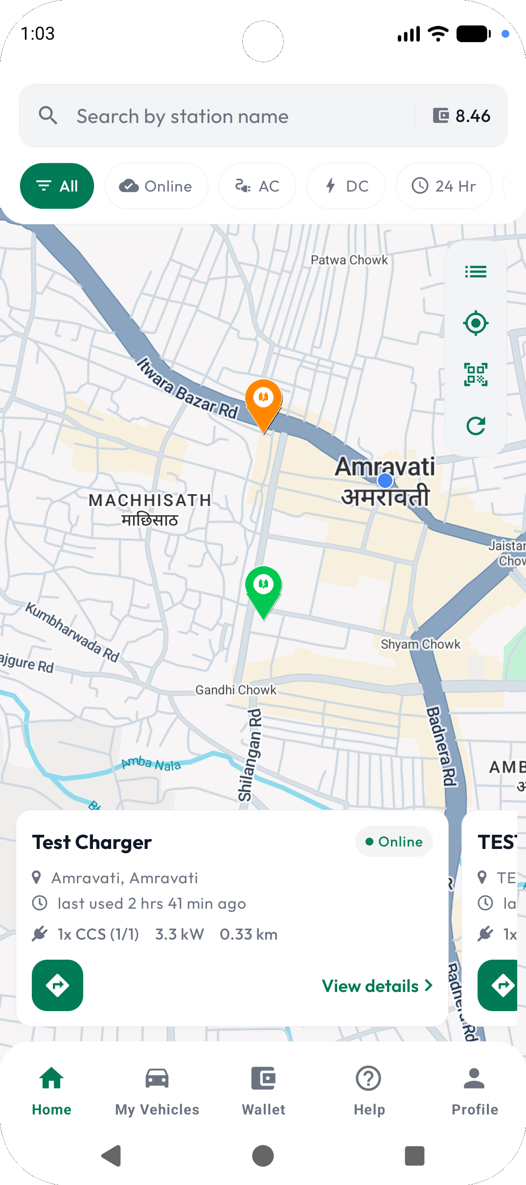 Voltatic mobile app map with nearby EV charging stations, filters, and live availability