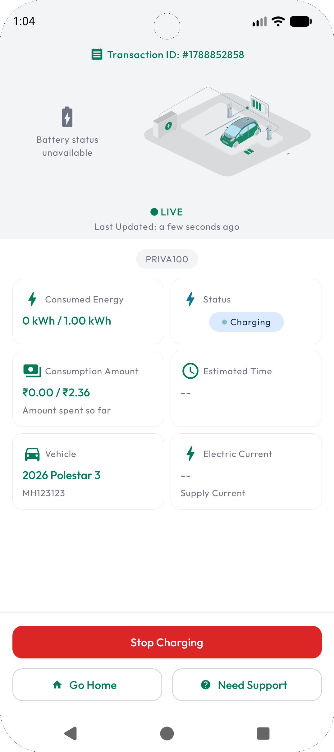 Voltatic mobile app live charging session with energy, cost, and stop controls