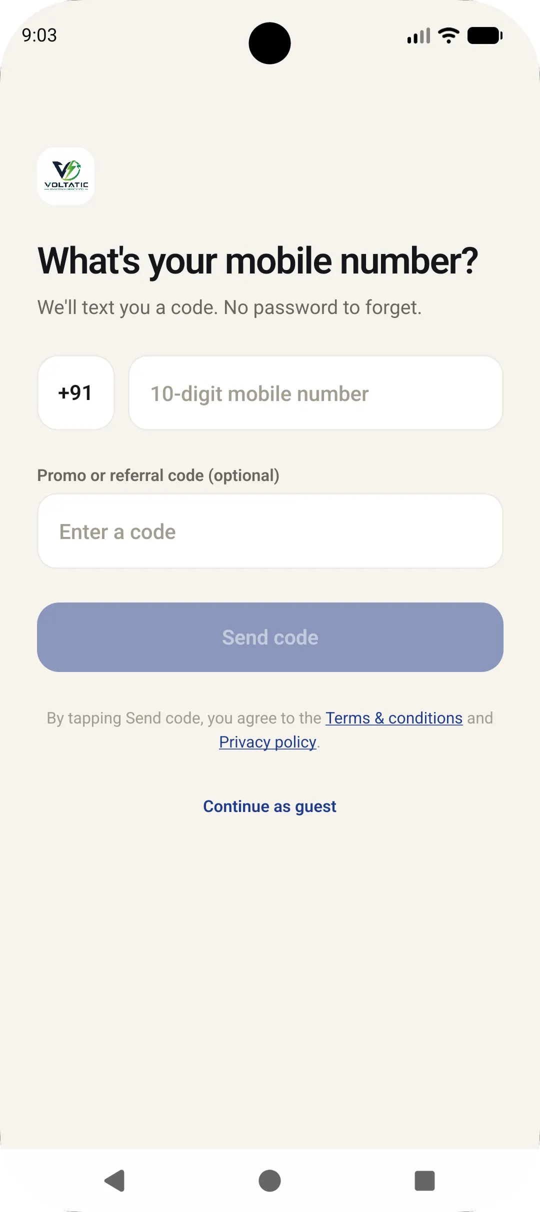 Voltatic mobile app sign-in screen with mobile number OTP login