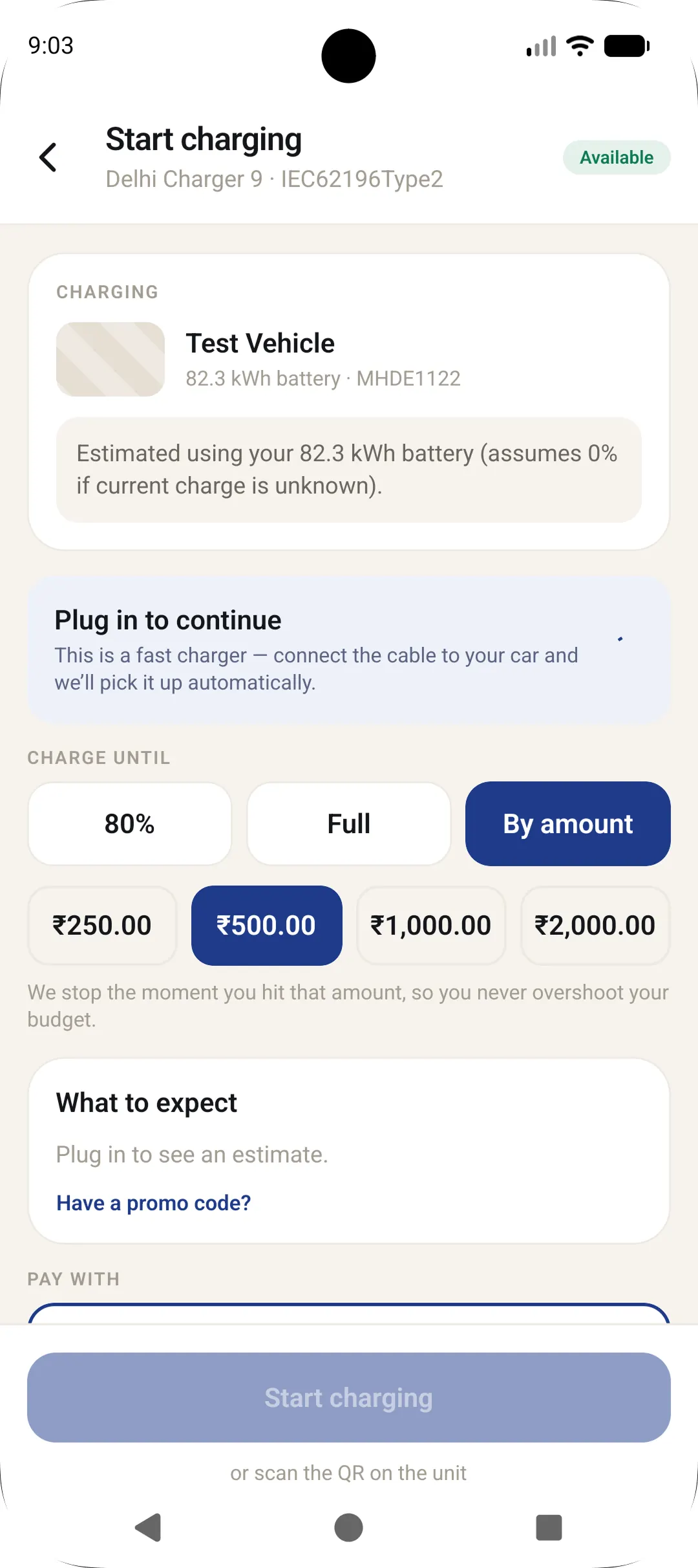 Voltatic mobile app start charging screen with charge goal and payment options
