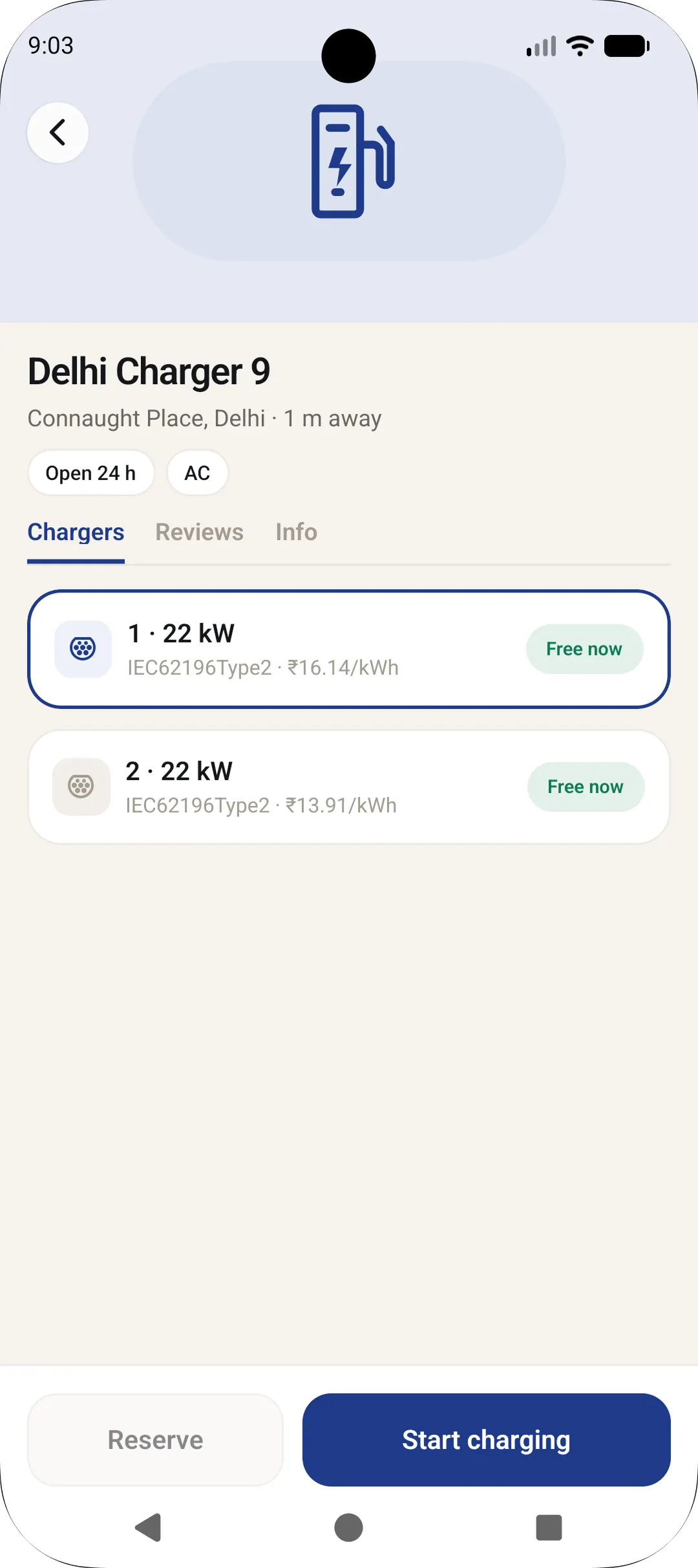 Voltatic mobile app station detail with connectors, pricing, and availability